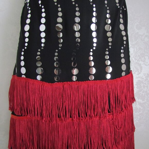 GIRL'S XL DANCE COSTUME, ROARING 20s FLAPPER WEISSMAN BLACK w RED FRINGE, EXTRAS - Picture 10 of 10